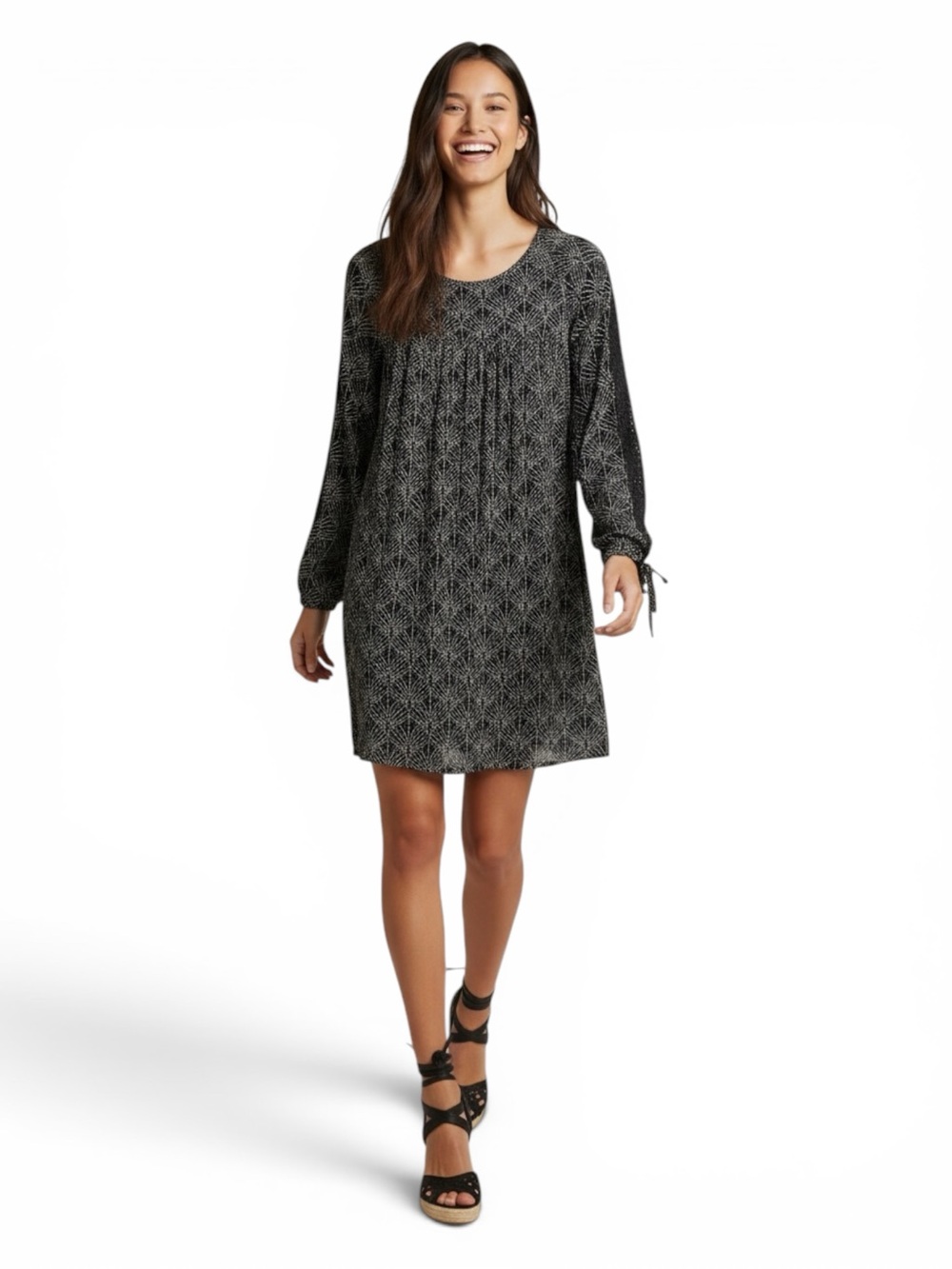Roxy Definitely Maybe Boho Mini Dress L Black White Crochet Sleeve Viscose